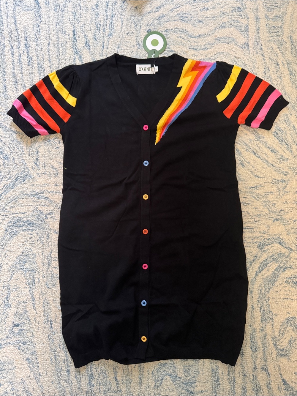 Oxknit mod David Bowie, rainbow button down jersey dress large NWT